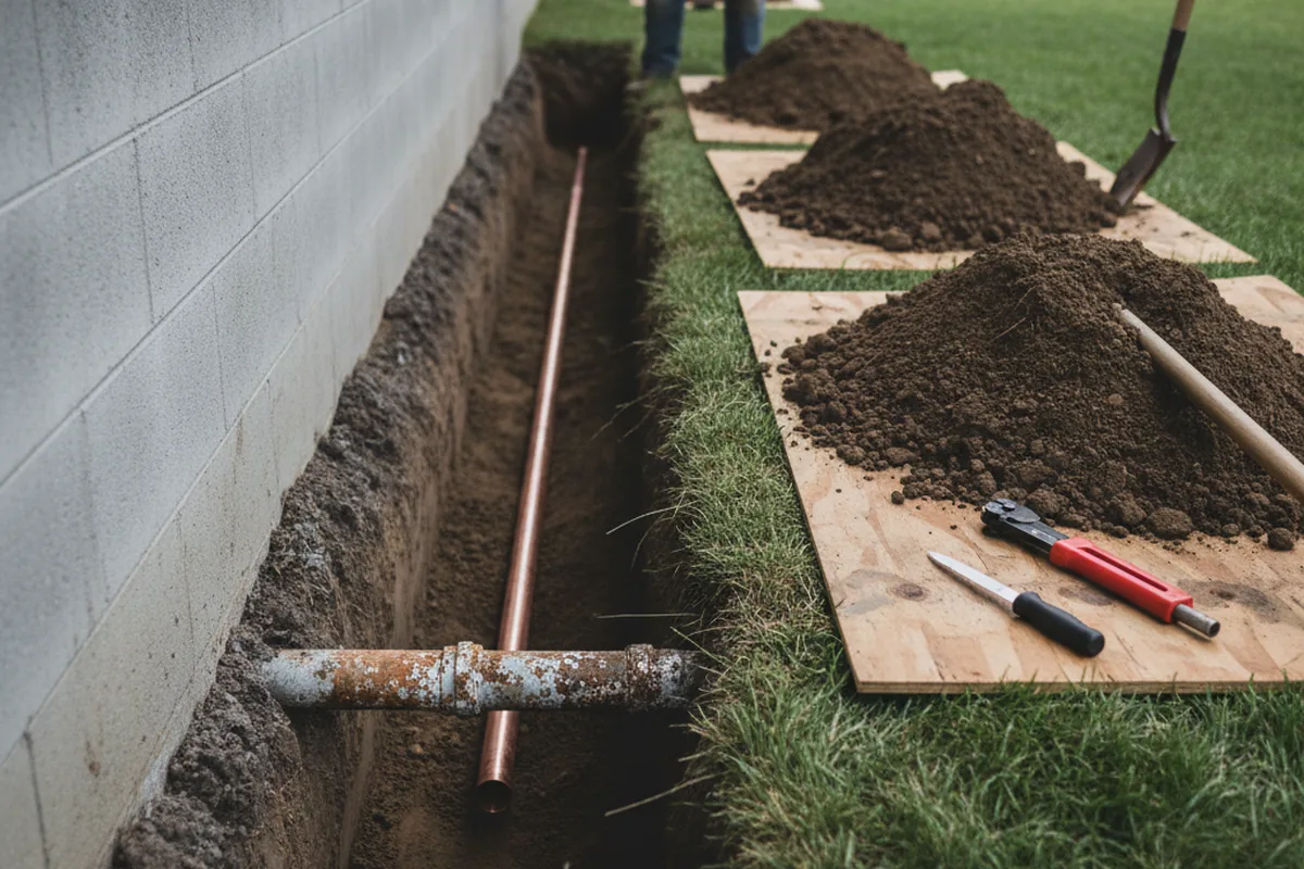 Excavated water line trench during Water Softener Installation in Carleton
